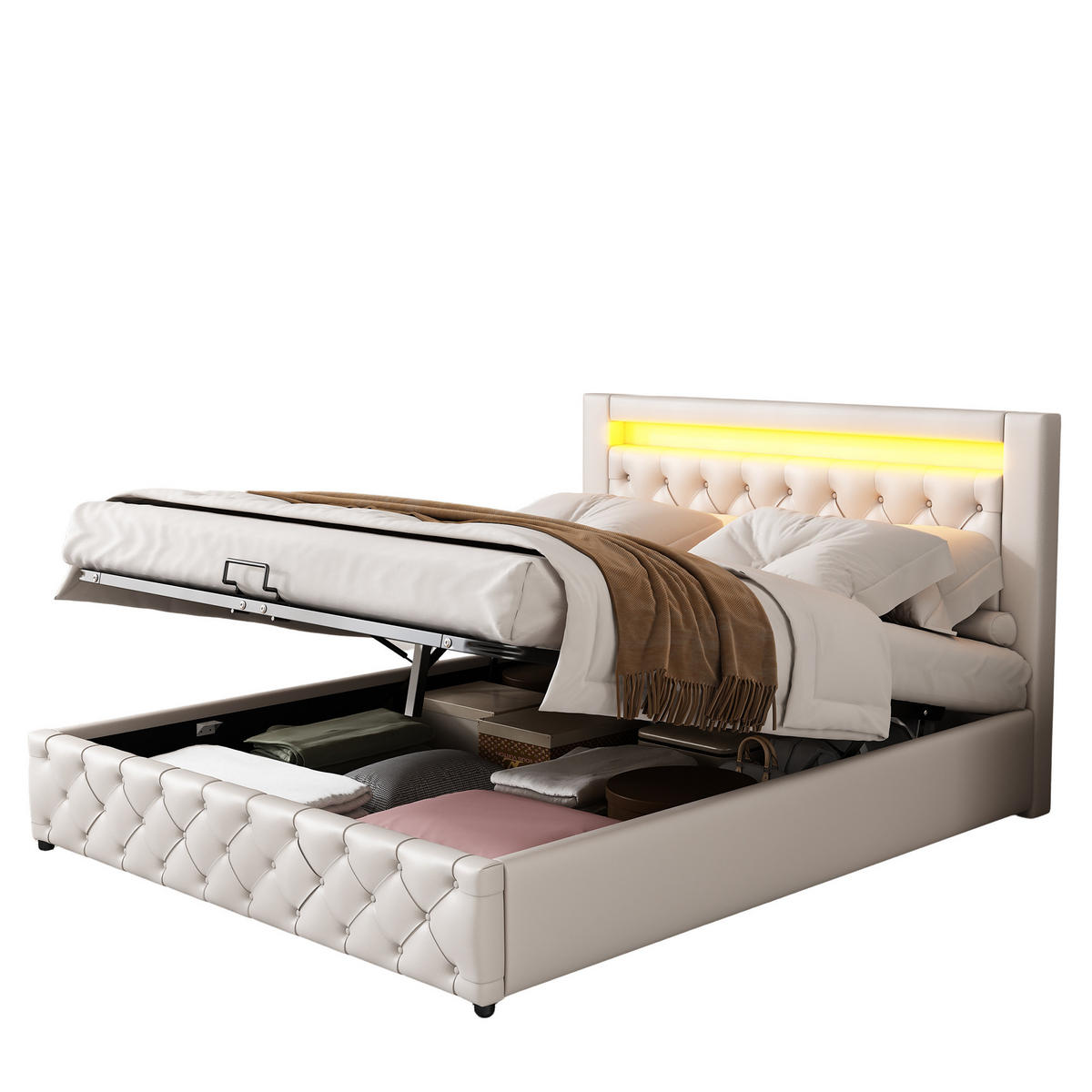 POLSTERBETT 140/200 cm weiß mit Stauraum und LED-Beleuchtung - Weiß, Kunststoff (140/200cm) - OKWISH