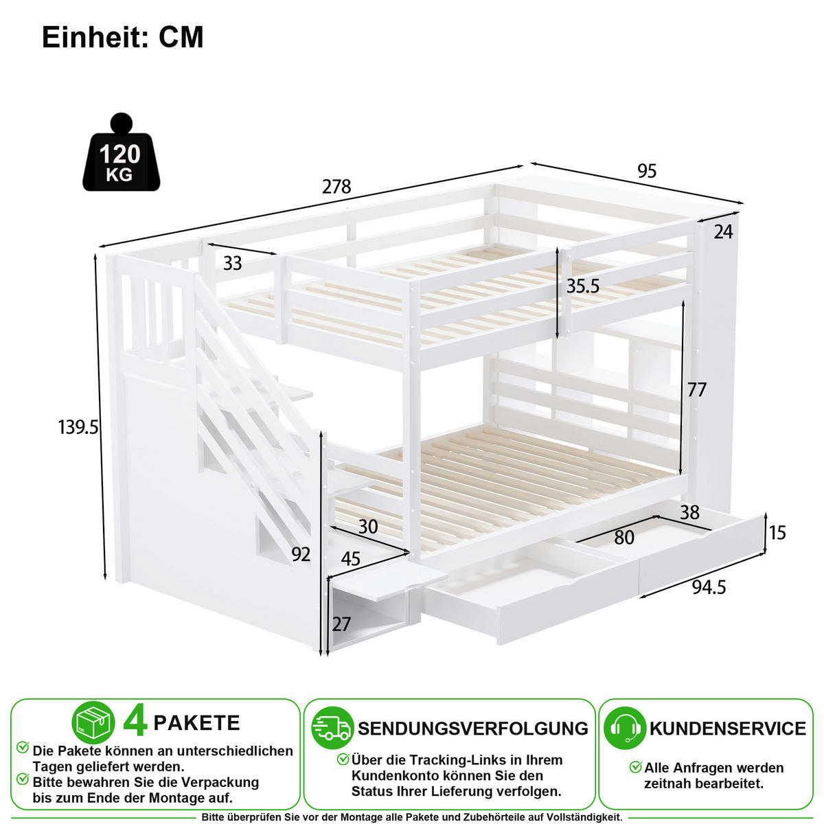 ETAGENBETT 90/200 cm in Weiß mit Staufächern, Schubladen und Lattenrost aus Kiefernholz - Weiß, Holz/Holzwerkstoff (90/200cm) - CHICFURN