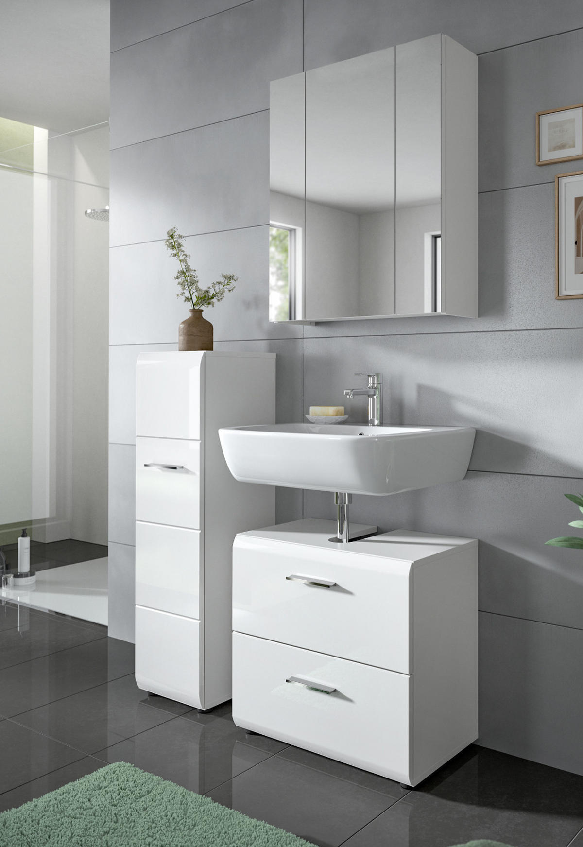 BADOMMODE weiß Hochglanz 30 x 106 cm, Badezimmer Schrank hängend oder stehend - Weiß Hochglanz/Silberfarben, Holzwerkstoff/Kunststoff (30/106/30cm) - Inn.Furn