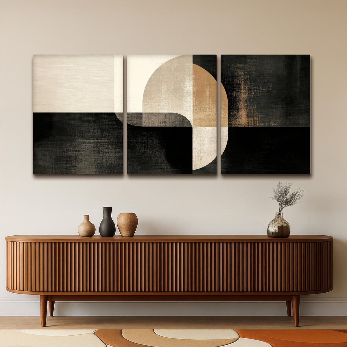 LEINWANDBILD 3er Set Formen - Abstrakt - Gold 180x80 cm - Schwarz, Textil (180/80cm) - MuchoWow