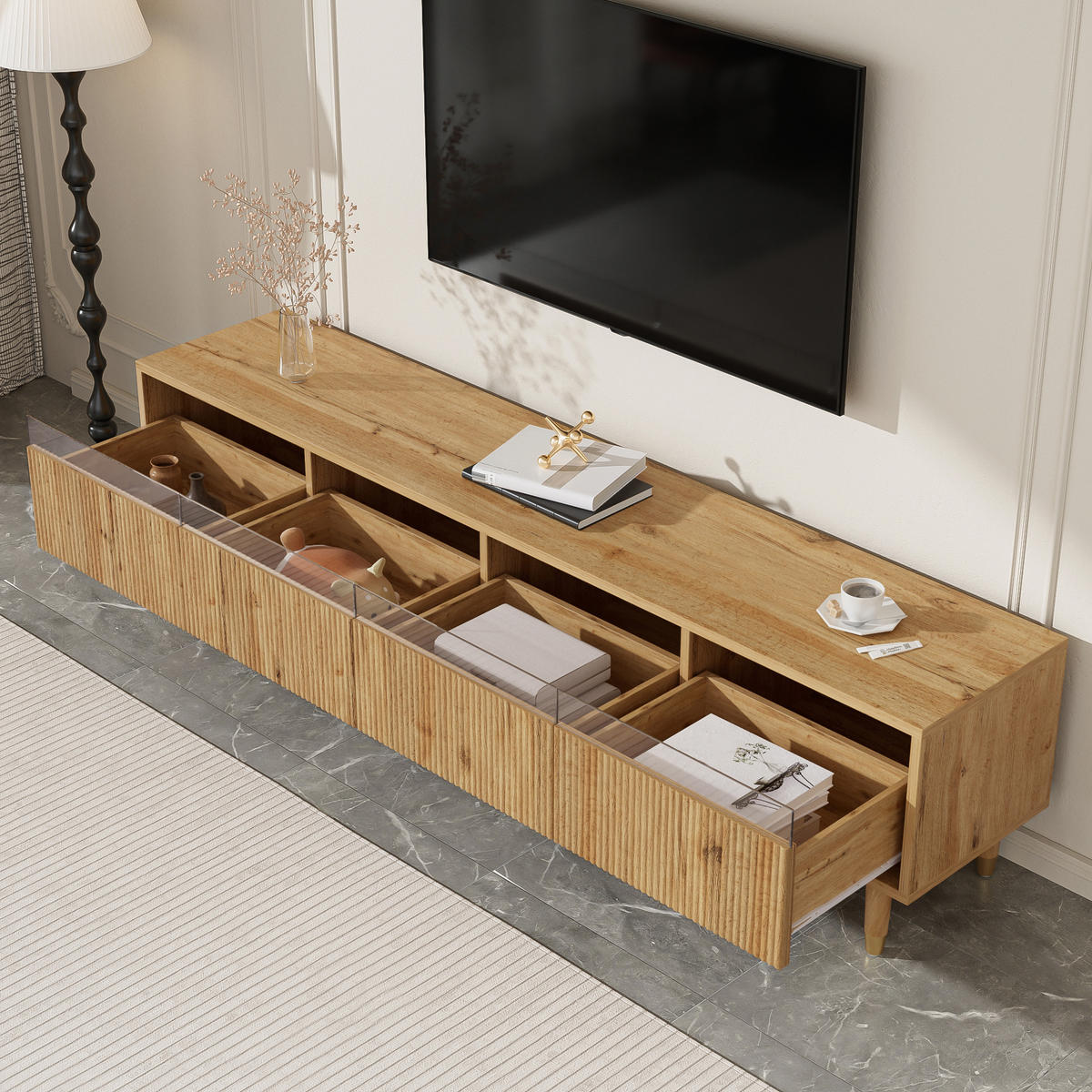 TV-LOWBOARD holzoptik & rillen-design – 4 schubladen & 178 cm länge - Naturfarben, Holzwerkstoff (178/45/35cm) - Urban Meuble