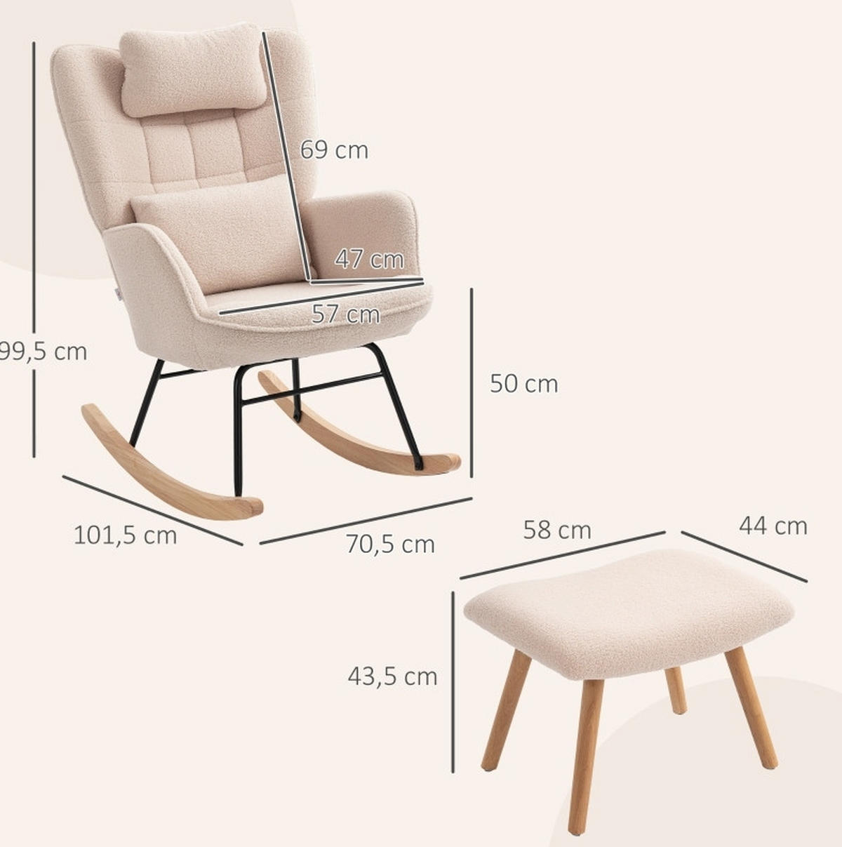 SCHAUKELSTUHL 70,5/101,5/99,5 cm in Beige mit Fußhocker und hoher Rückenlehne - Beige, Textil (70.5/99.5/101.5cm) - Flora Grace