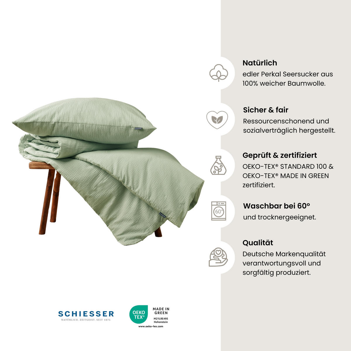 BETTWÄSCHESET Laura - Baumwoll Seersucker - 2-teilig - 135 x 200 cm - Hellgrün - Hellgrün, Textil (135/200cm) - SCHIESSER