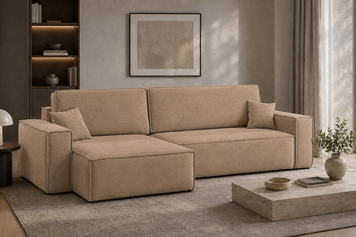 ECKSOFA L-Form Mit Schlaffunktion Und Bettkasten, Veloursstoff Bluvel, Latte, Links, BEST XL - Cappuccino, Holz (274/142cm) - Kaiser Möbel