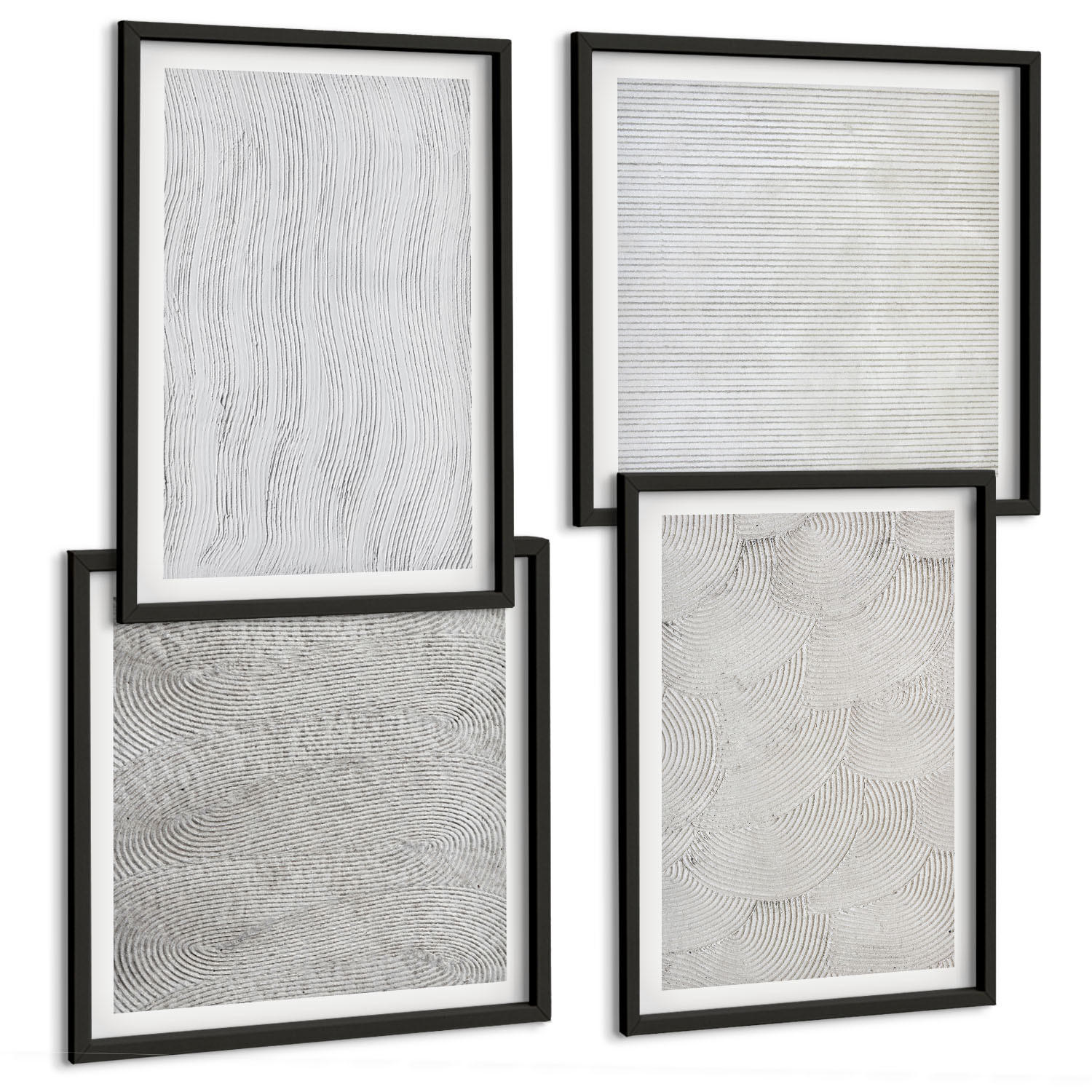 BILDER SET 4er Set - 50x50 cm & 40x60 cm Schwarzer Rahmen - Sandmuster geometrische Strukturen - Schwarz, Kunststoff (50/50cm) - TULUP