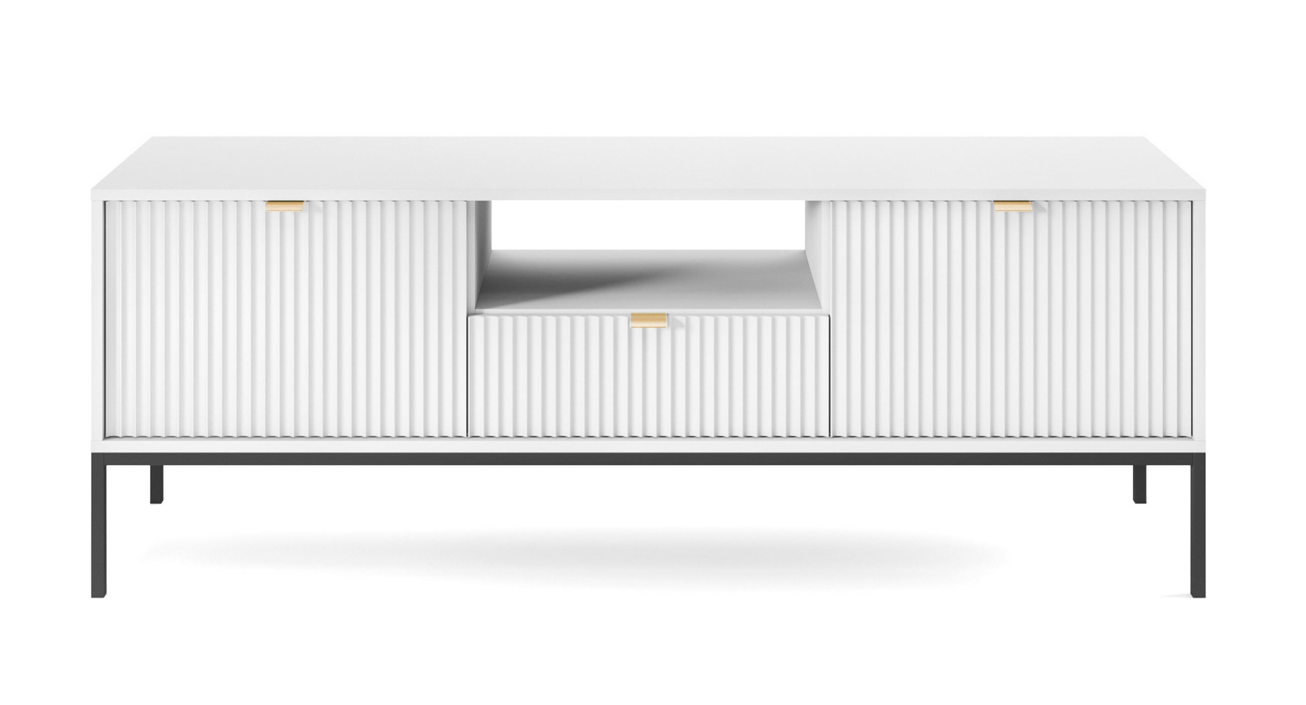 LOWBOARD Eternas 2T 1S Weiß 154/56/39 cm – schwarze Füße, mit geriffelten Fronten und offener Ablage - Schwarz/Weiß, Holzwerkstoff (154/56/39cm) - AX Living