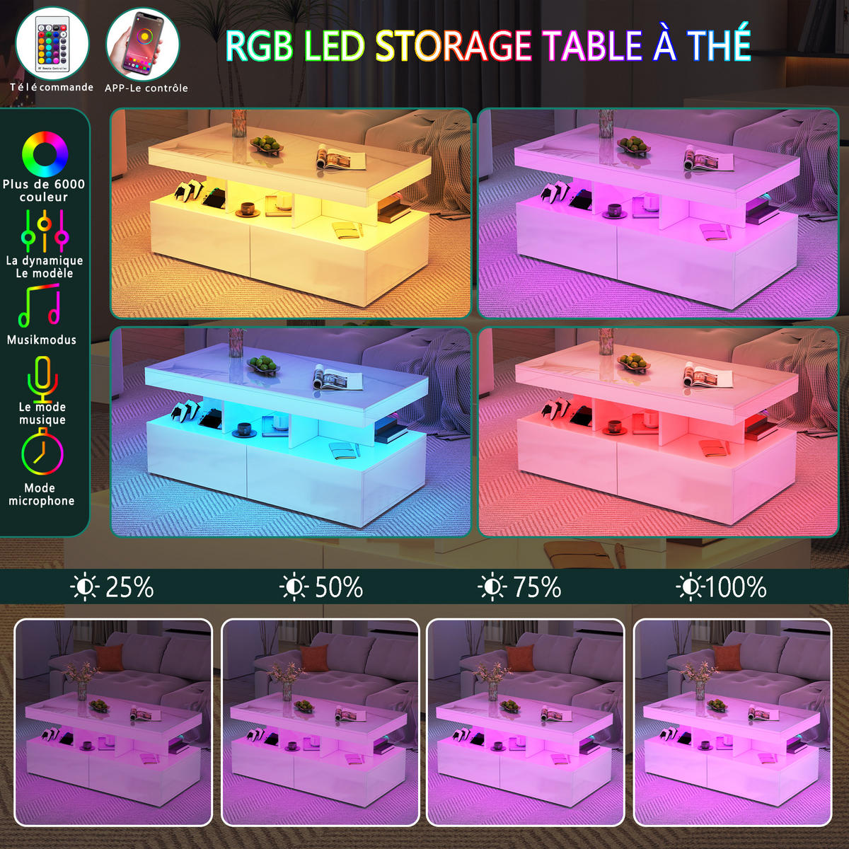 COUCHTISCH 2 Schubladen LED Stauraum modern weiß - Weiß, Holz (53/104/46cm) - LEBENLANG