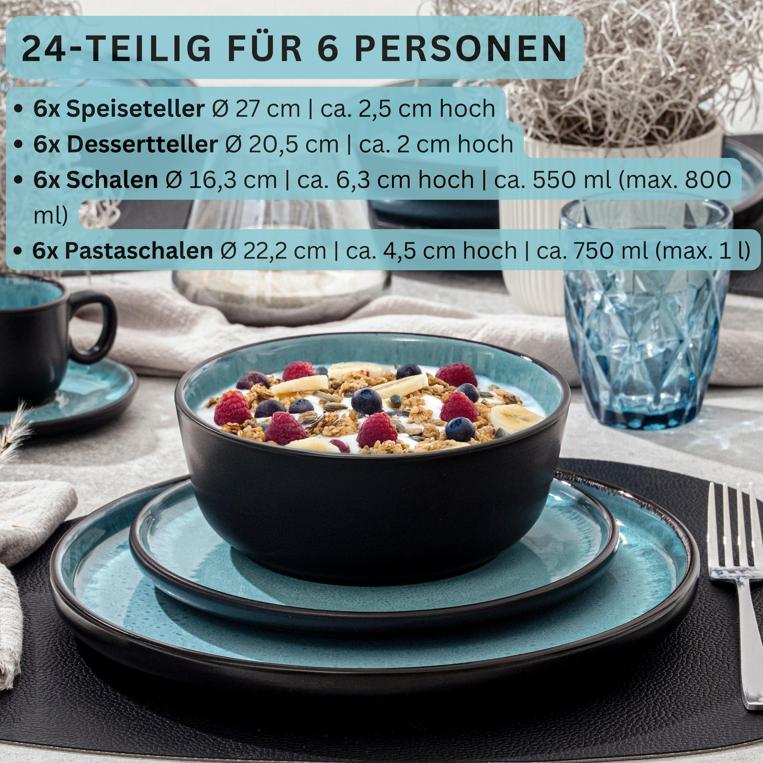 TAFELSERVICE GRANADA - 24 teilig aus Steingut - Blau, Stein (27/6.3/27cm) - Sänger