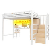 HOCHBETT 140/200 cm in Weiß mit Schreibtisch, Regal, Kleiderschrank und LED Metallbett - Weiß, Holzwerkstoff/Metall (140/200cm) - STILVORA