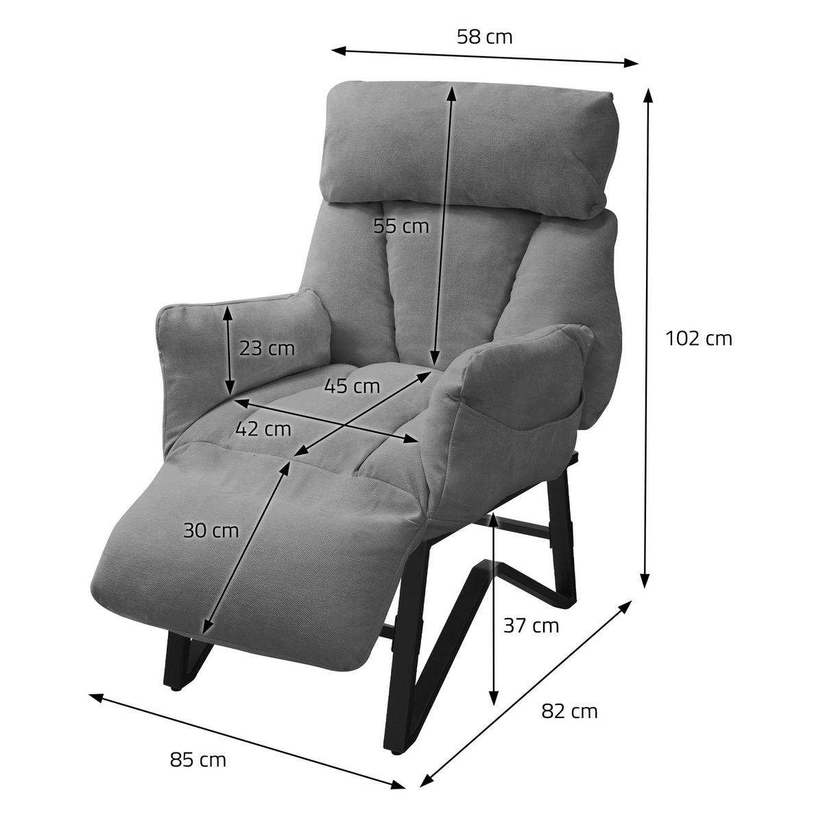 RELAXSESSEL Grau Leinenbezug verstellbar mit Armlehnen und Fußablage - Schwarz/Grau, Textil/Metall (85/102/82cm) - ML-DESIGN