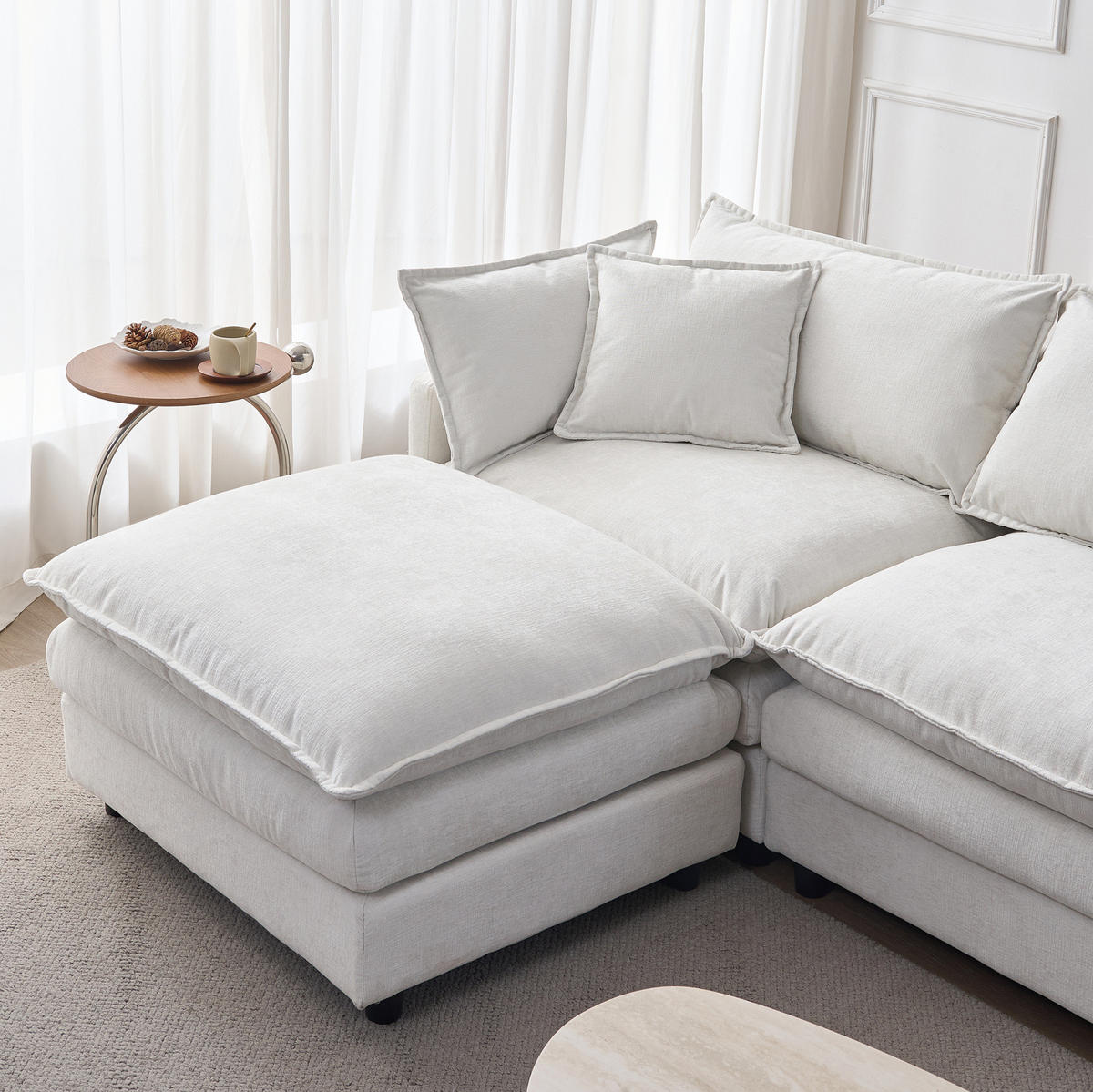 ECKSOFA aus Chenille 267x78x85 cm in Beige mit Hocker - Beige, Textil (78/85/267cm) - Modfu