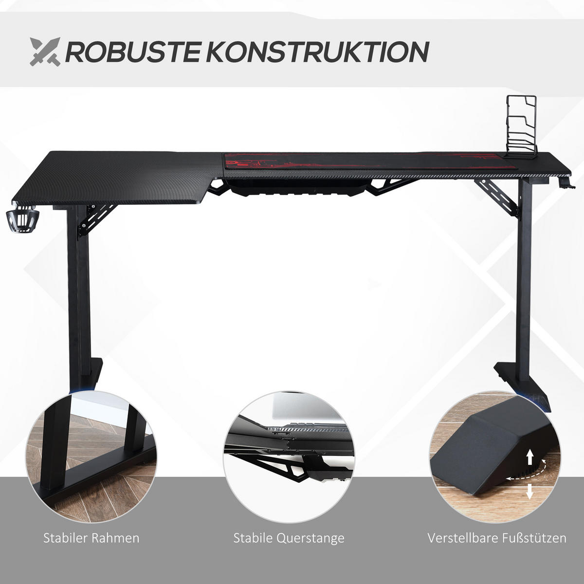 GAMING-TISCH, MDF, Eisen, Schwarz+Rot - Schwarz, Kunststoff (168/109/78cm) - HOMCOM