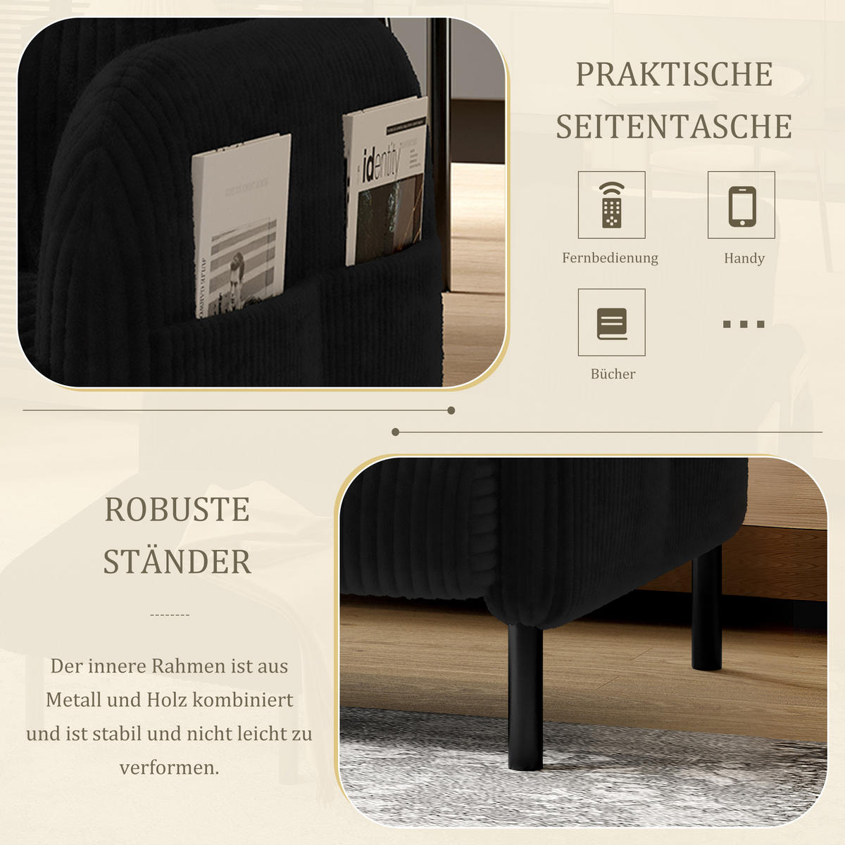 2-SITZER SOFA Cord Schwarz mit Seitentasche - Schwarz, Textil/Metall (120/79/75cm) - WISHDOR