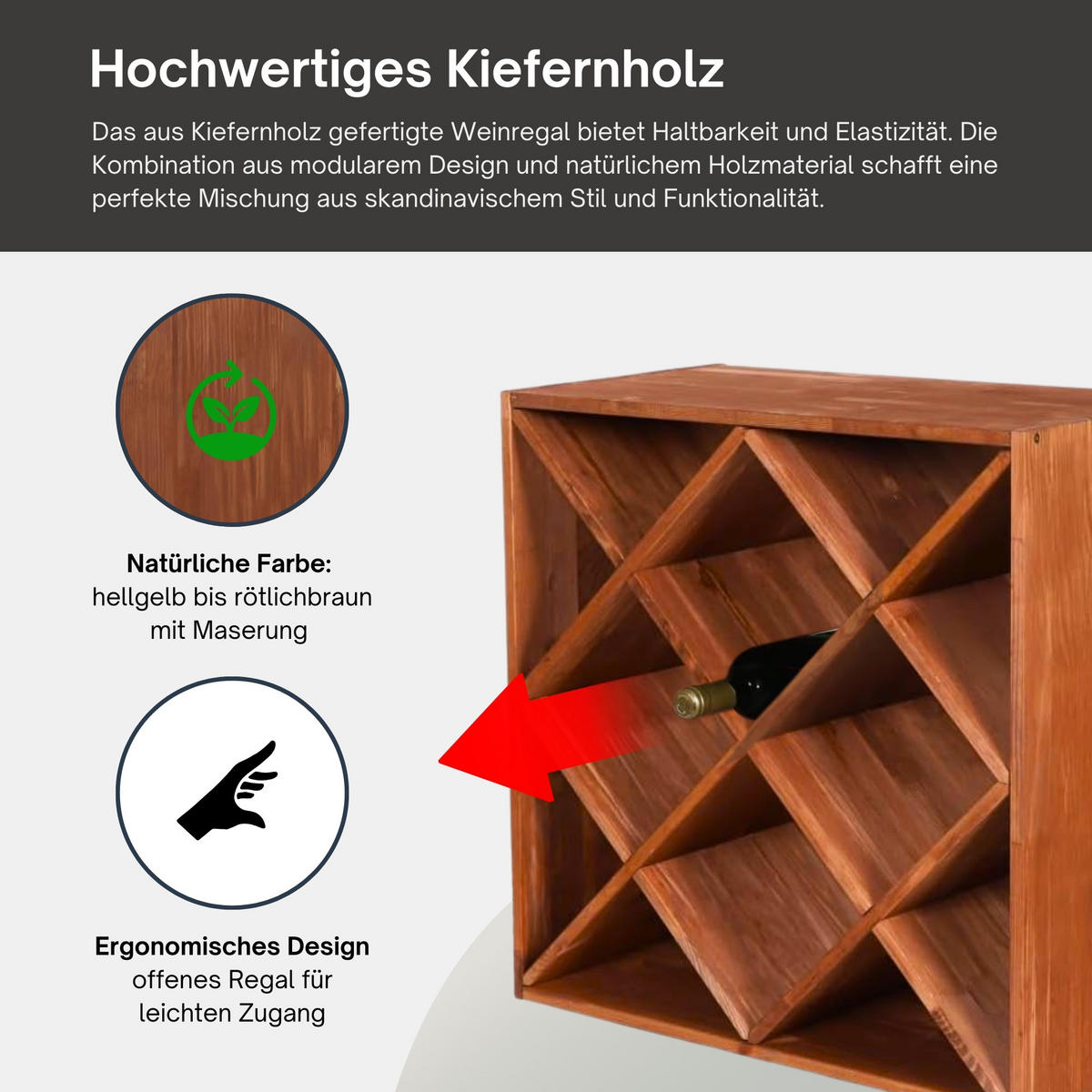 WEINREGAL Vincellar Mod 60x60x30 cm Rauten Modul Für 30 Flaschen Massives Kiefernholz Braun Geölt - Braun, Holz (60/60/30cm) - PROREGAL