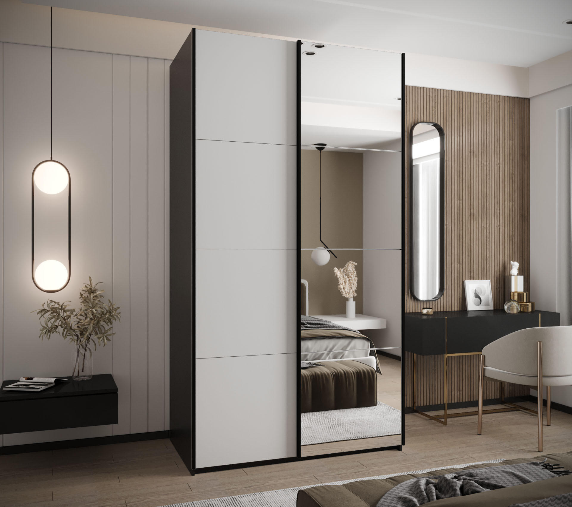 SCHWEBETÜRENSCHRANK 245,5/130/64 2-türig - Silberfarben/Schwarz, Holz/Metall (130/245/64cm) - Abiks Möbel