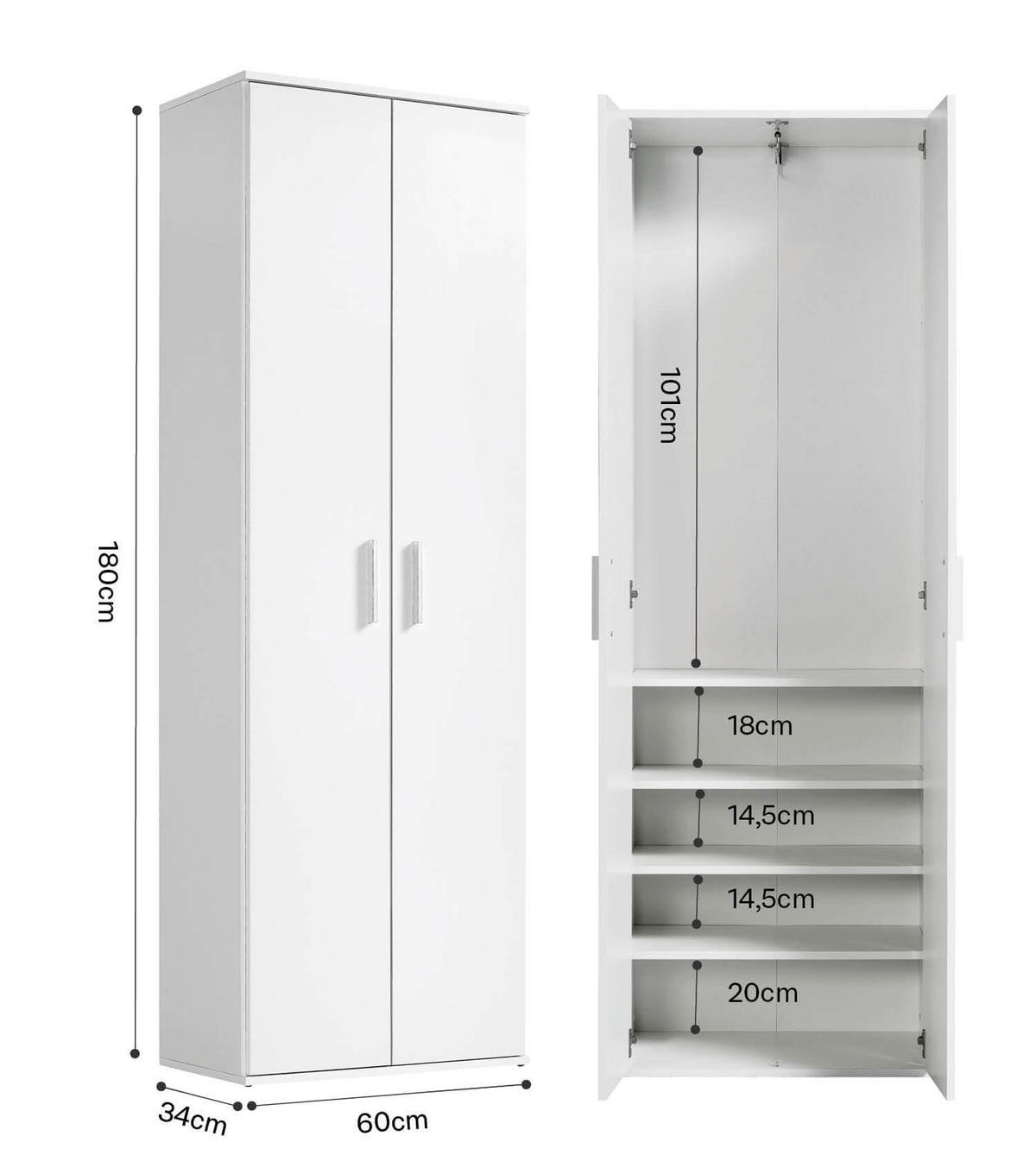 GARDEROBENSCHRANK Der Lange - Weiß, Holzwerkstoff (60/180/34cm) - Mokebo