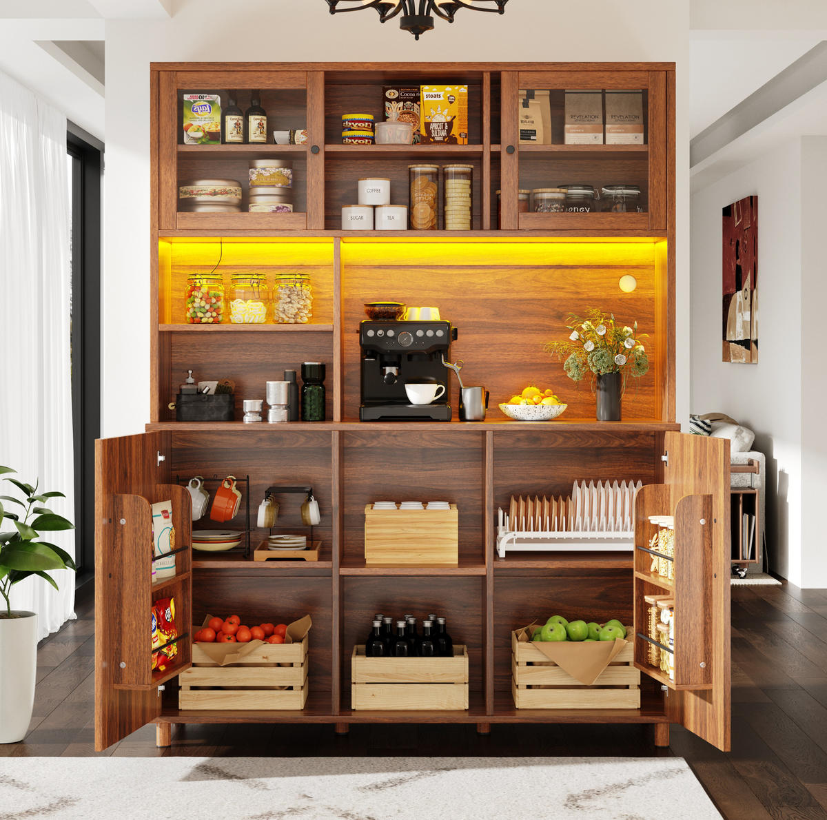 BUFFET aus MDF und Glas 140x40x185 cm Walnussbraun mit LED-Beleuchtung, USB-Anschluss und Schiebetüren - Braun, Glas (140/185/40cm) - Modfu