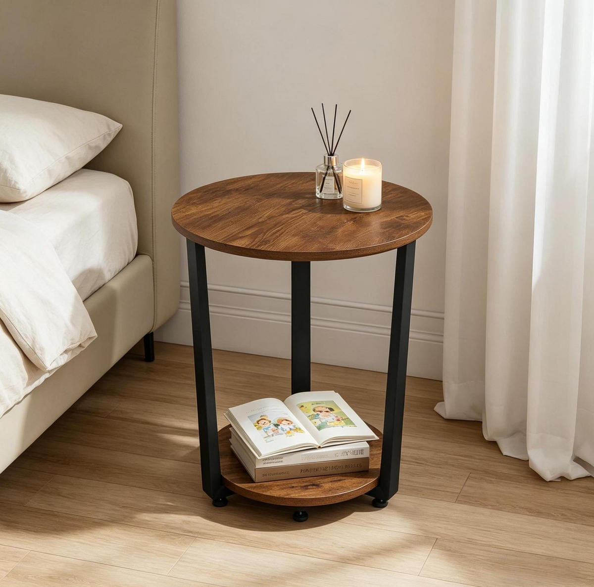 BEISTELLTISCH 50/50/53 cm mit 2 Ablagen und Metall-Holz-Gestell, Braun - Braun, Holzwerkstoff (50/50/53cm) - Redom
