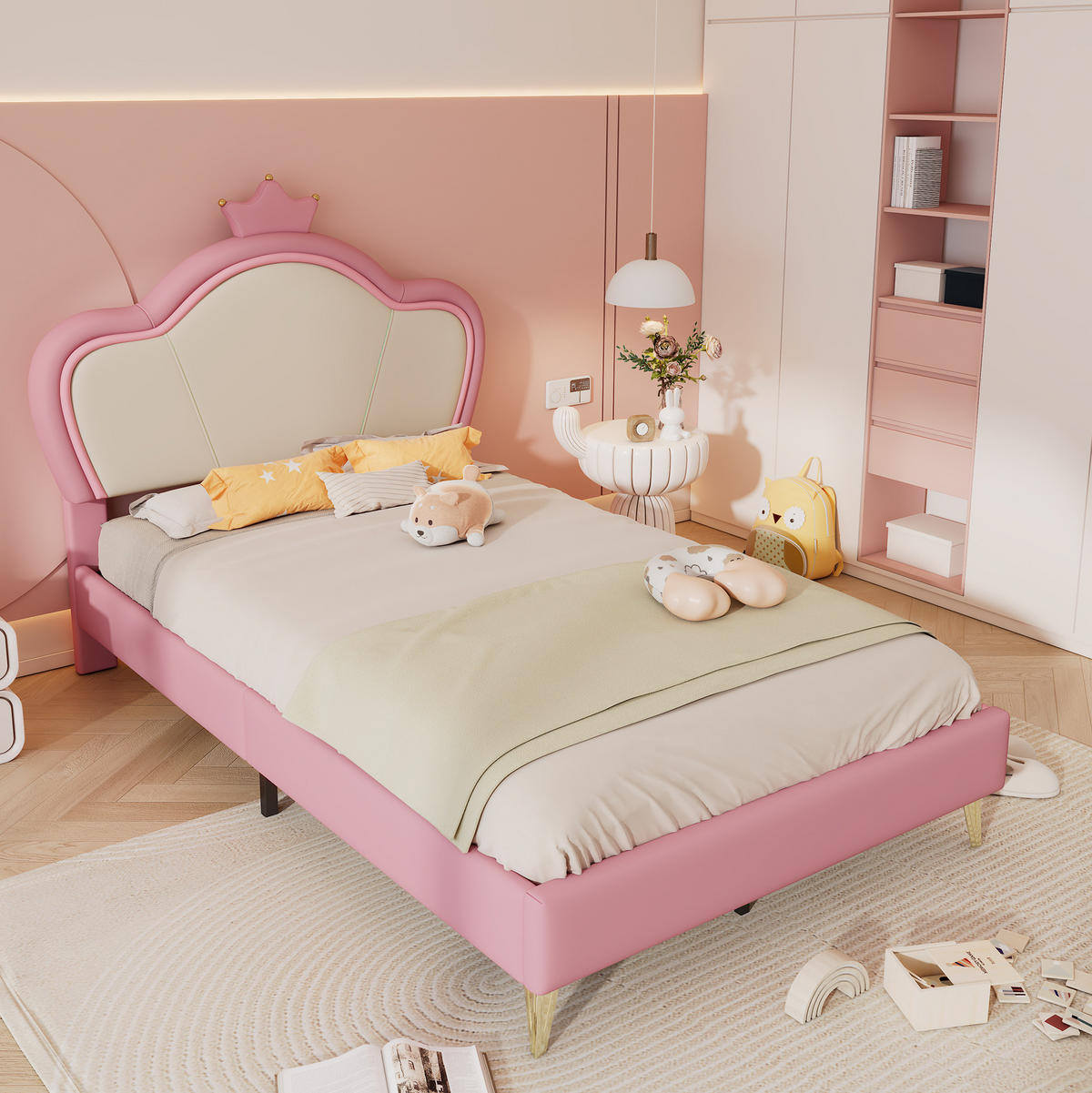 POLSTERBETT aus PU 90x200 cm Rosa/Weiß mit gepolstertem Kronen-Kopfteil und weichen Schutzkanten - Weiß, Kunststoff (90/200cm) - Modfu