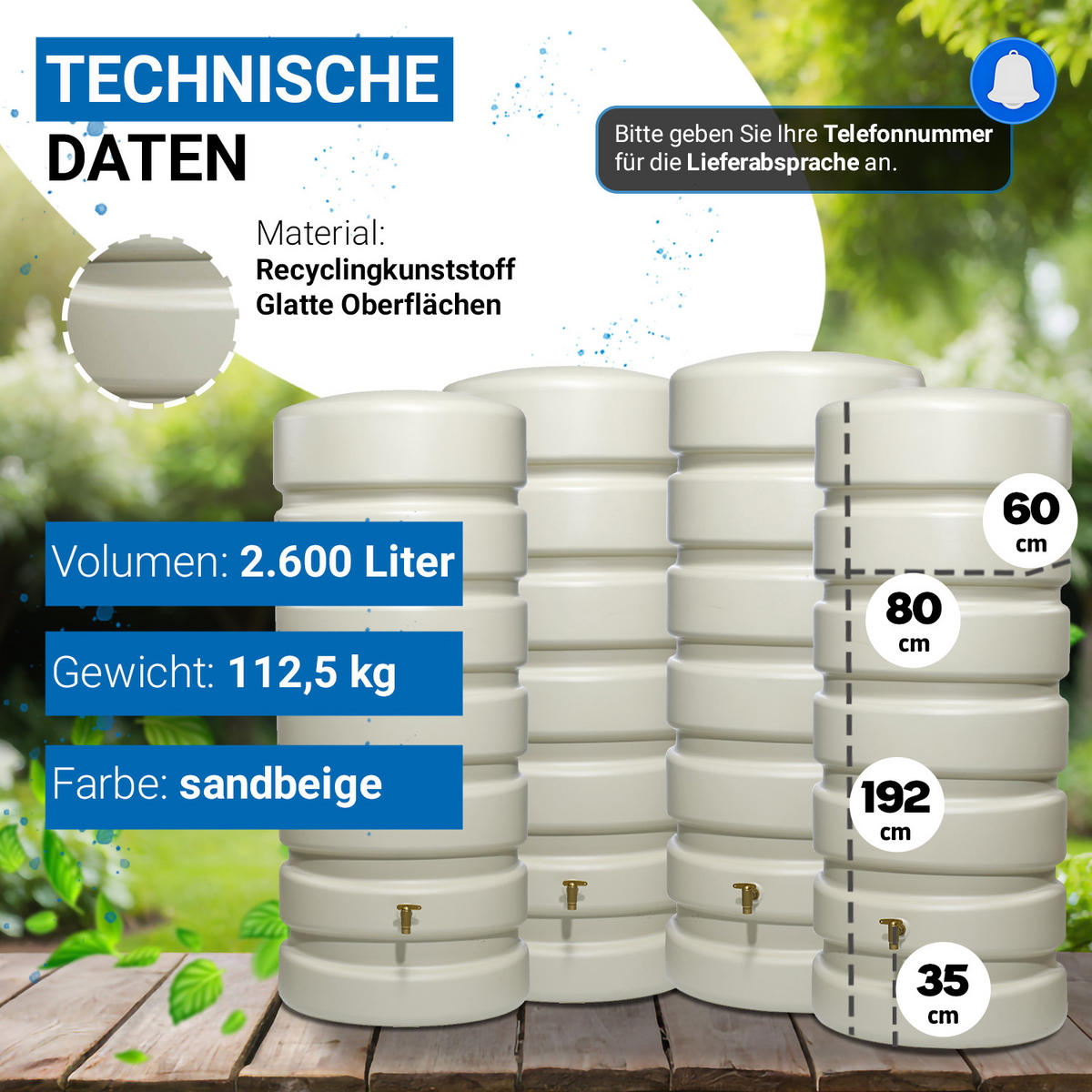 WANDTANK-SET 2600 L sandbeige 4 x 650 L inkl. Verbindungsset - Beige, Kunststoff (350/192/60cm) - 4rain