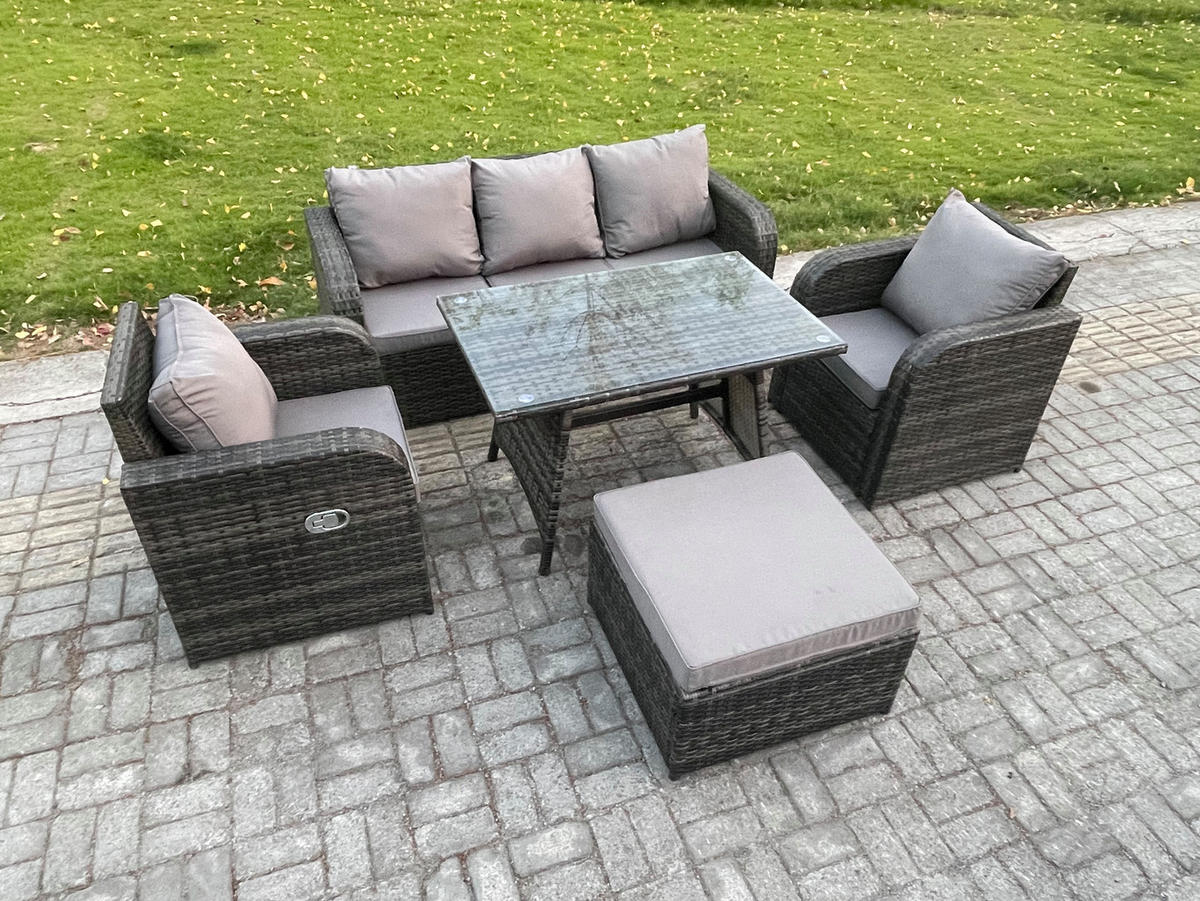 GARTENMÖBEL SET mit COUCHTISCH Polyrattan Dunkelgrau 6-Sitzer - Dunkelgrau/Grau, Glas/Kunststoff - Fimous