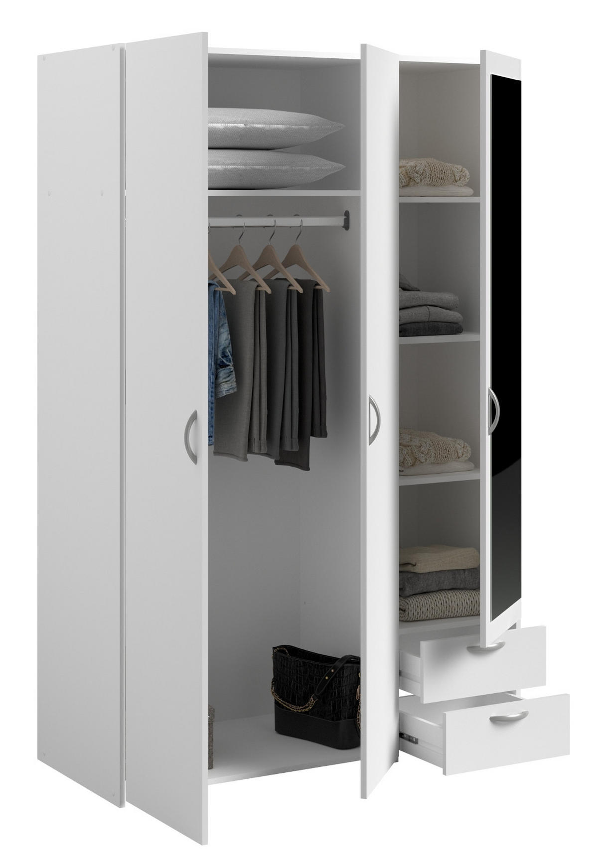 KLEIDERSCHRANK mit Spiegel weiß 120 cm 3-türig Drehtürenschrank - Silberfarben/Weiß, Glas/Holzwerkstoff (120/185/51cm) - Furn.Design