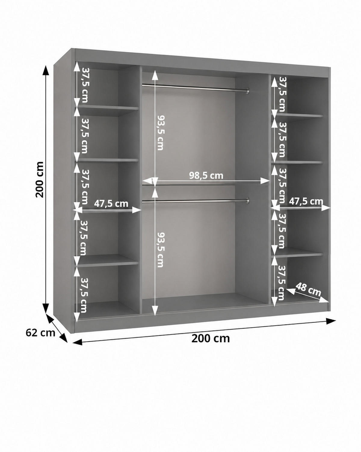 SCHIEBETÜRENSCHRANK mit Spiegel 200 cm Breite, weiß mit schwarzem Griff - Schwarz/Weiß, Holzwerkstoff (200/200/62cm) - Home Collective