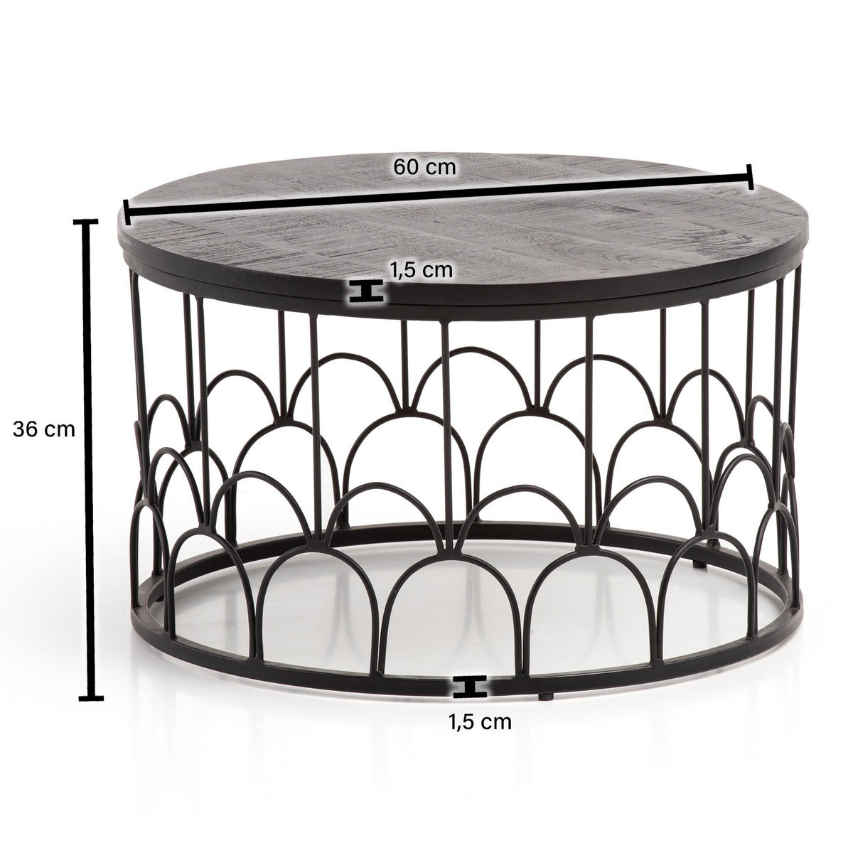 COUCHTISCH Rund in Schwarz aus Mango Massivholz mit Metallgestell, 60x60x36cm, Industrial Design - Schwarz, Holz/Metall (60/60/36cm) - KADIMA DESIGN