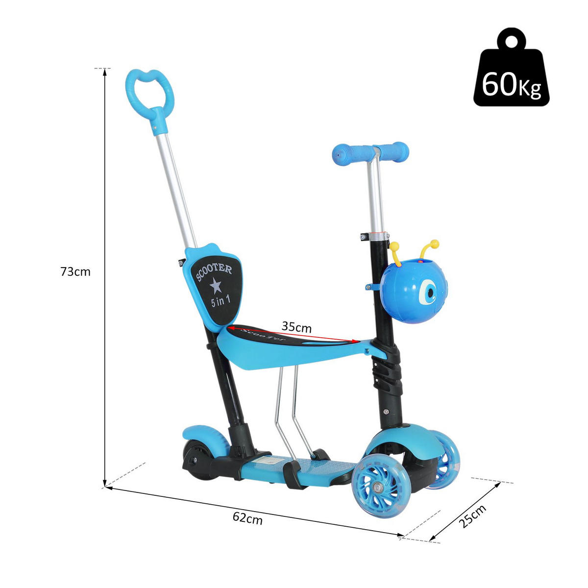 KINDERSCOOTER DE-16921 5-in-1 mit Sitz & Rückenlehne Blau - Blau, Metall (62/25/73cm) - ComfortXL