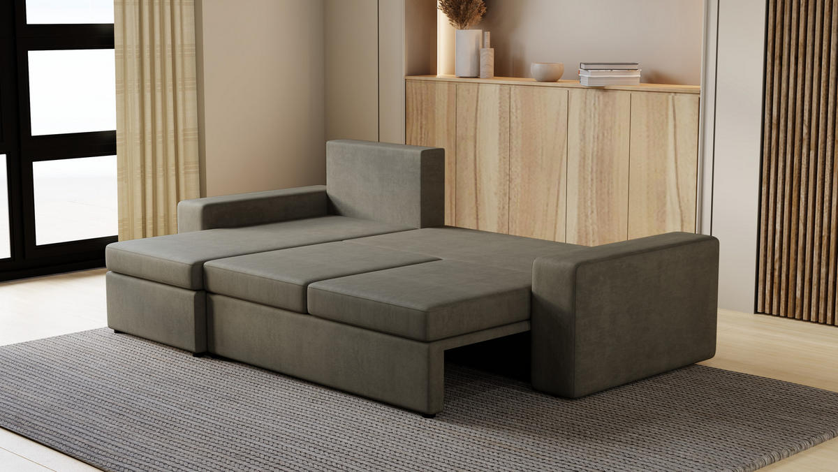 ECKSOFA Paco mit Bettkasten und Schlaffunktion, L-Form/XL-Form, Velourstoff, Universal - Hellgrau, Holzwerkstoff (246/145cm) - 4ALL HOME