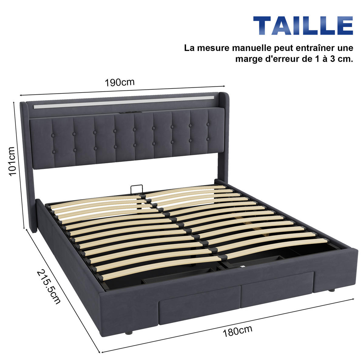 ČALÚNENÁ posteľ 180/200cm tmavosivá zo zamatu, kovu a dreva s LED svetlom, USB konektorom a úložným priestorom - sivá, textil (180/200cm) - Modfu