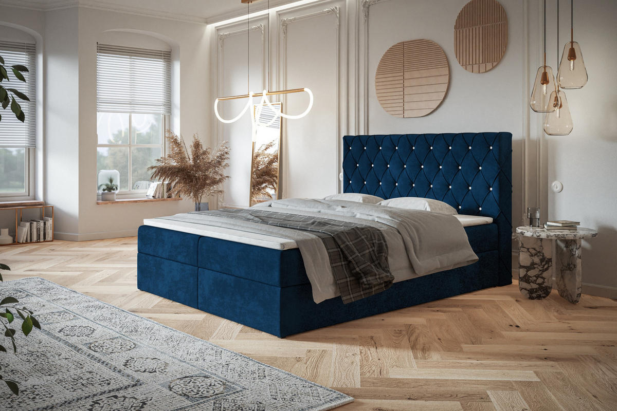 BOXBETT BOSTON mit 2 Bettkästen, 160x200, Farbe: Dunkelblau, Velourstoff, Doppelbett mit Bonell-Matratze - Dunkelblau, Holz/Kunststoff (160/200cm) - Alpi-Möbel