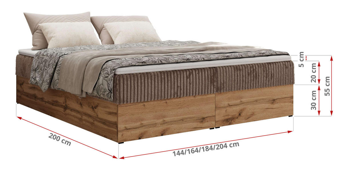 BOXBETT WOOD ZERO 140/200 - Braun Cord - H4 - Topper Visco - Braun, Textil (140/200cm) - MKS