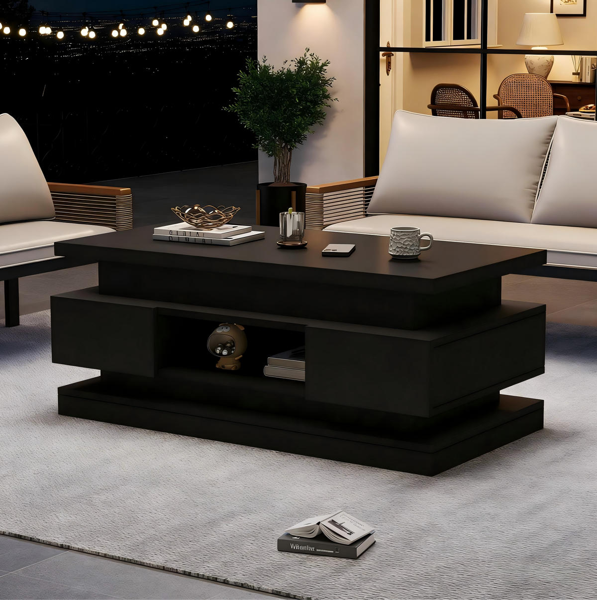 COUCHTISCH 100/50/40 cm höhenverstellbar mit LED-Beleuchtung, USB-Anschluss und 2 Schubladen, Schwarz - Schwarz, Holzwerkstoff (100/50/40cm) - Redom