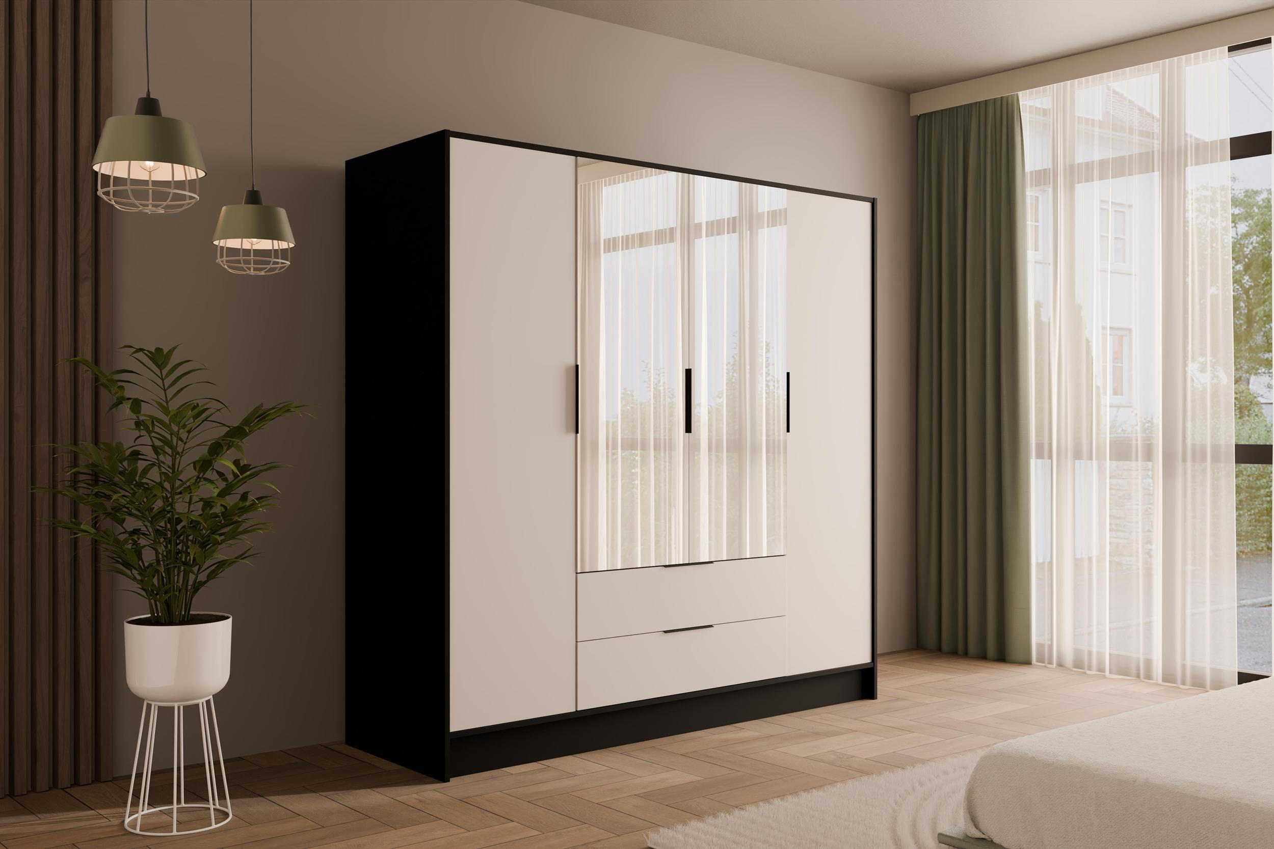 KLEIDERSCHRANK mit Spiegel und Flügeltüren KOLIN 200x200cm Schwarz / Weiß - Schwarz/Weiß, Holzwerkstoff (200/200/51cm) - ALTDECOR