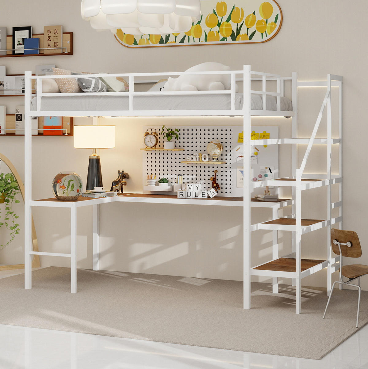 HOCHBETT 90/200 cm mit L-förmigem Schreibtisch, Treppe, Stauraum und umlaufendem Geländer, Weiß - Weiß, Metall (90/200cm) - Redom