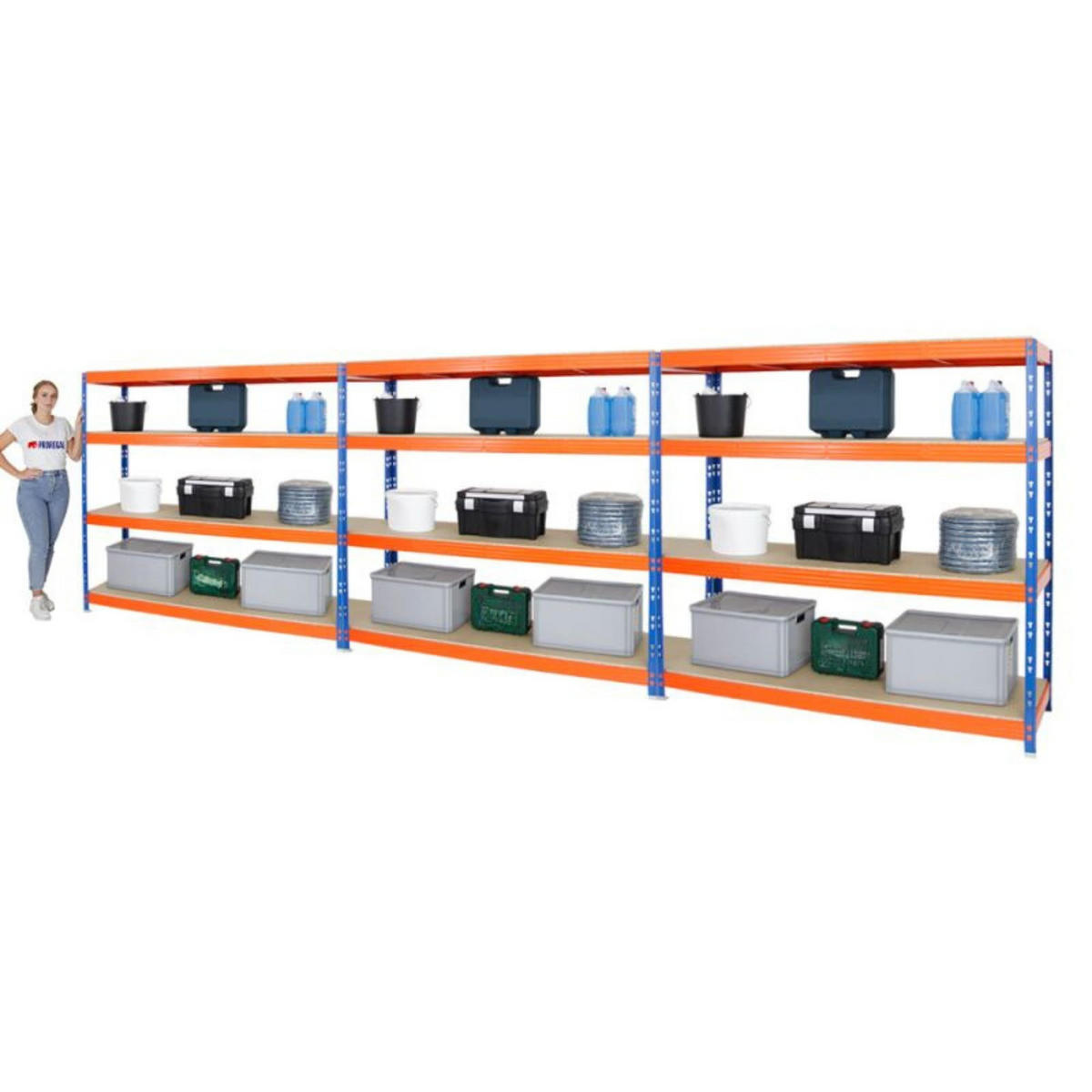 SCHWERLASTREGAL Rhino 3er-Set mit 3x 180x200x60 cm 4 Spanplatten-Ebenen 16mm Fachlast 500 kg Blau-Orange - Orange, Metall (600/180/60cm) - PROREGAL