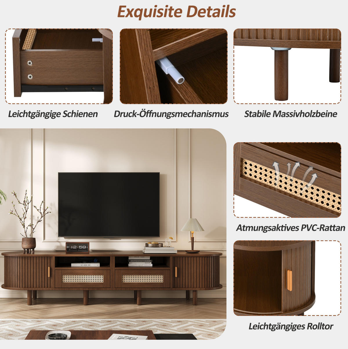 TV-LOWBOARD aus MDF 170x40x40 cm Dunkle Eiche mit 2 Schubladen, 2 Schiebetüren und ovaler Form - Braun, Holzwerkstoff (170/40/40cm) - Modfu