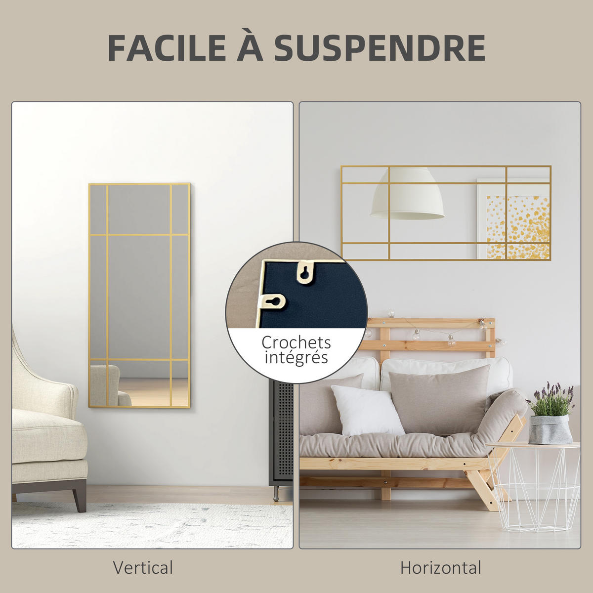 WANDSPIEGEL DE-14265 Fenster-Design, 4 Haken Gold - Goldfarben, Glas (110/50/2cm) - ComfortXL