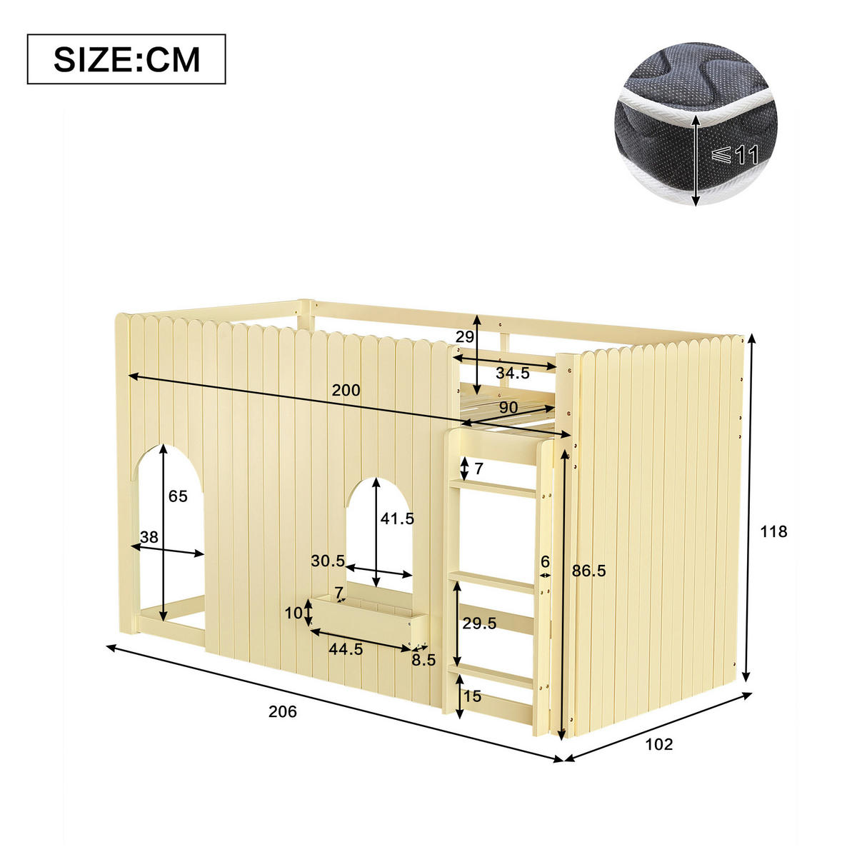 HOCHBETT Natur 90/200 cm mit LED und Leiter ohne Matratze - Naturfarben, Holz (90/200cm) - MIVRAY