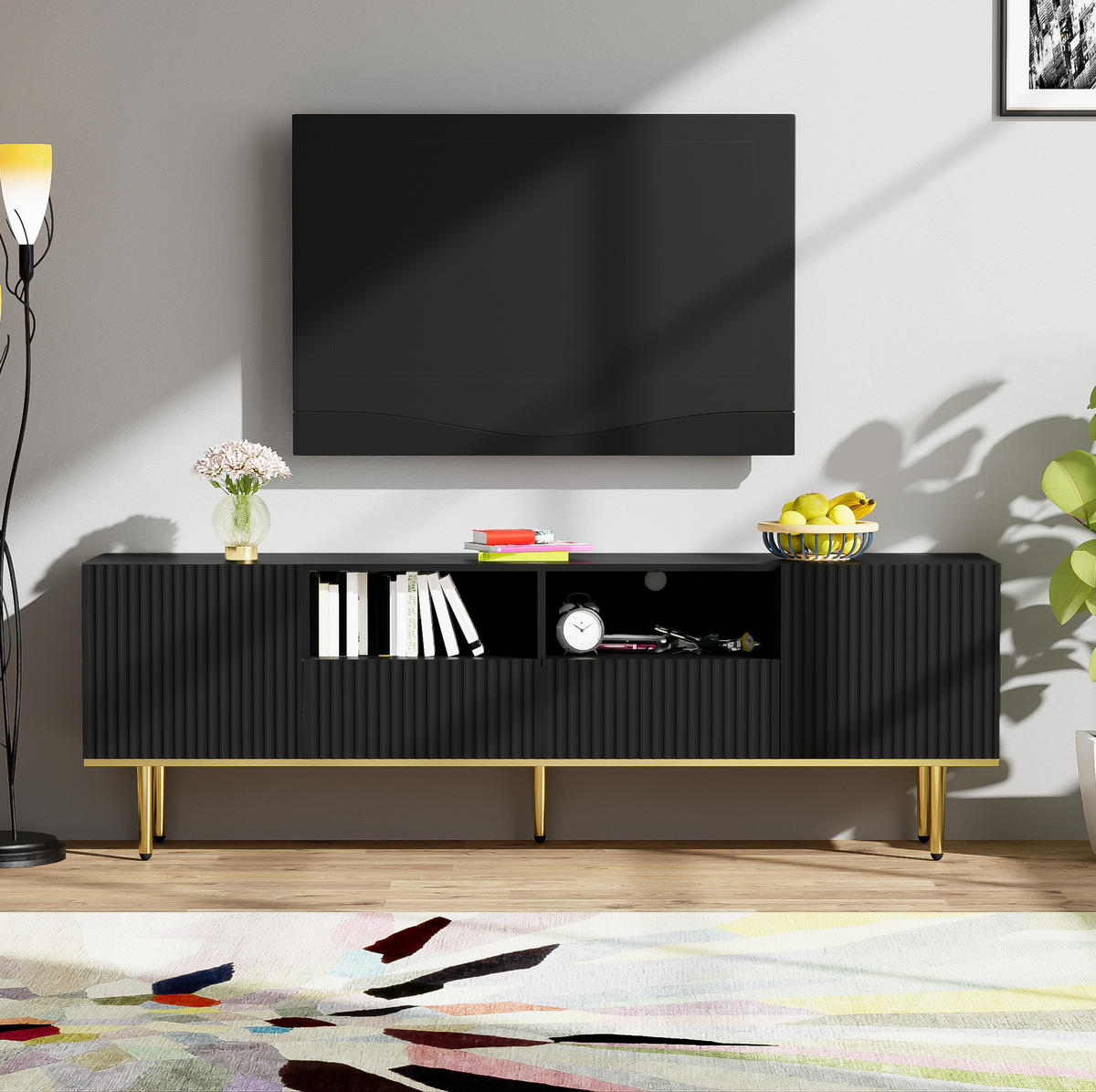 LOWBOARD 165/36/55 cm Schwarz und Gold aus Spanplatte mit griffloser Türöffnung - Schwarz, Holzwerkstoff (36/55/165cm) - OKMYHOME