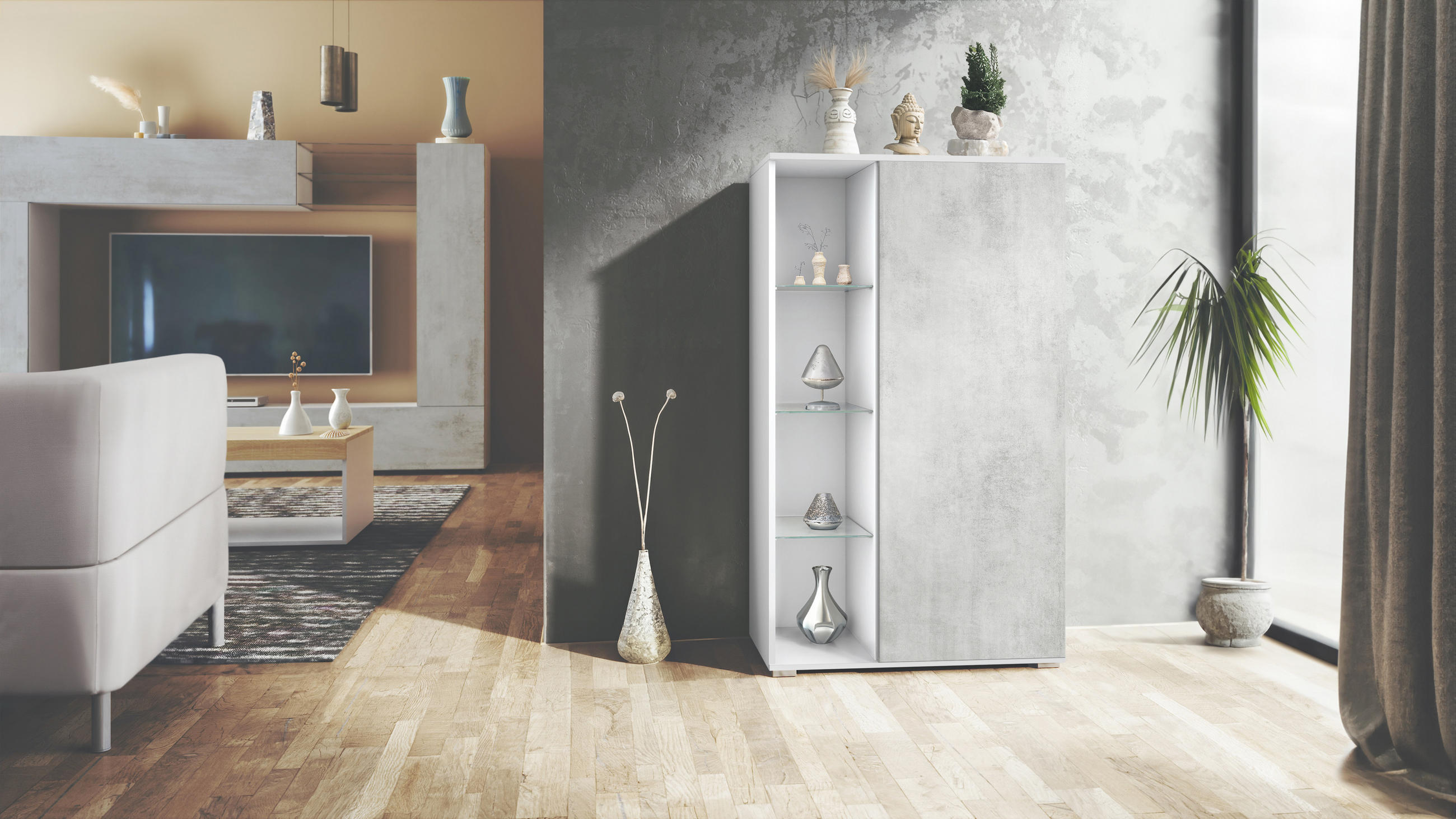 VITRINE Davos Beton Oxid Optik - Hellgrau, Holzwerkstoff (71.5/134/35cm) - Vladon