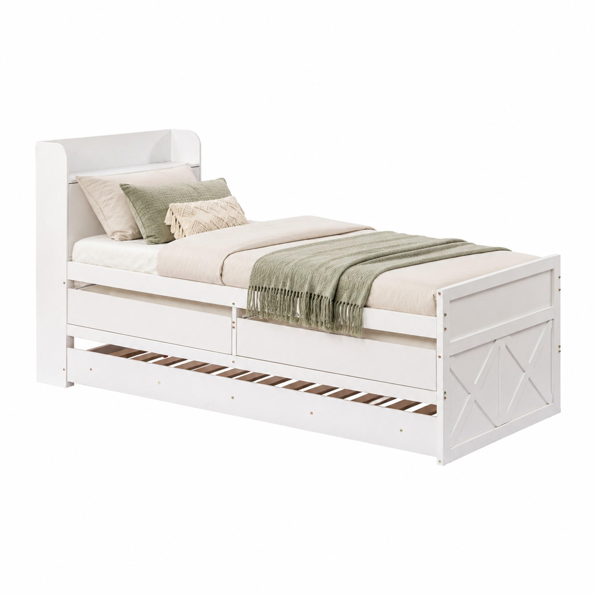 BETT mit Ausziehbett und Schubladen 90x190 cm Massivholz Weiß - Weiß, Holzwerkstoff (90/190cm) - Meubliv