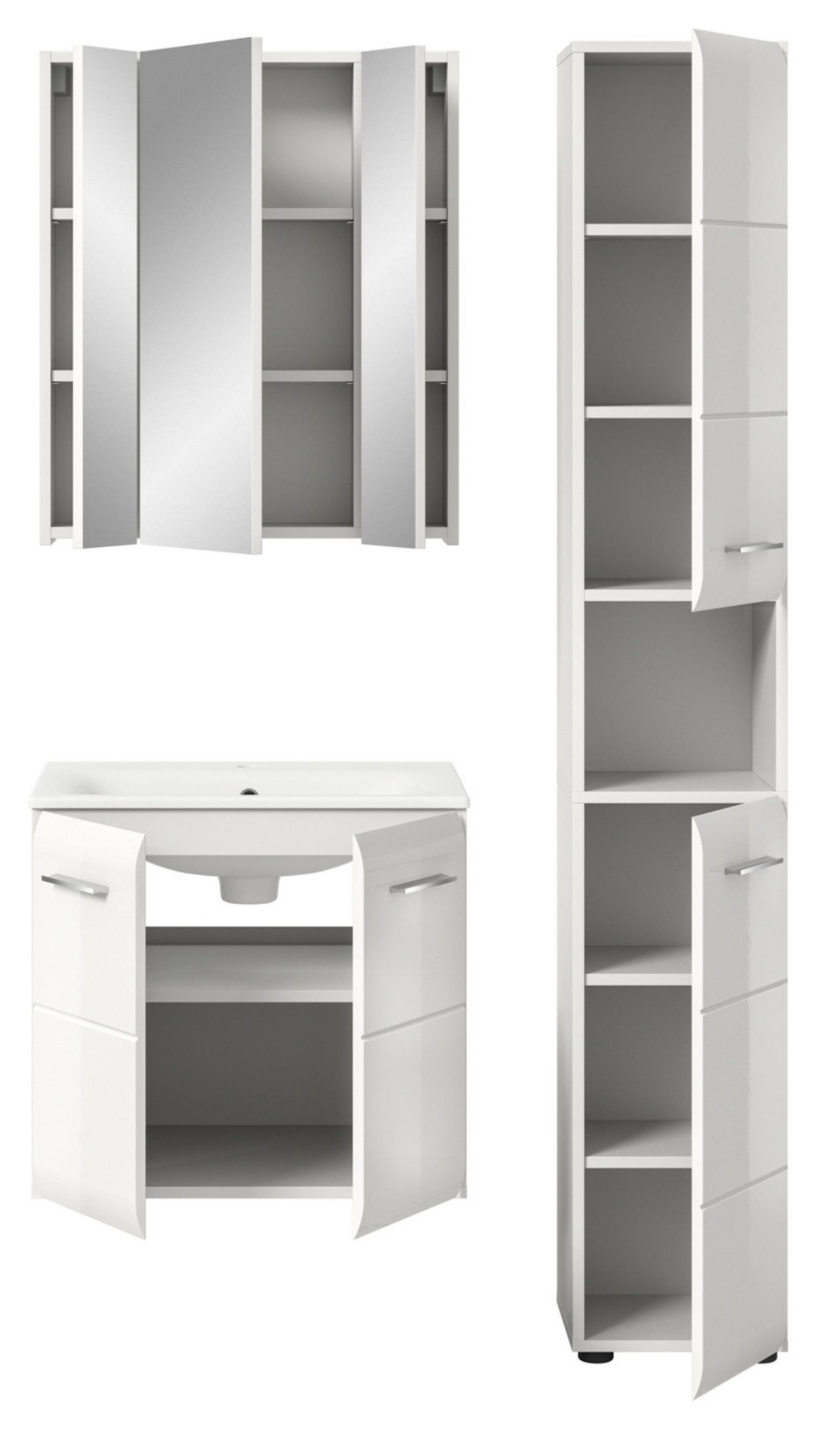 BADMÖBEL Set 3-teilig in weiß Hochglanz inkl. Waschbecken 105 x 185 cm Cover - Weiß Hochglanz/Silberfarben, Holzwerkstoff/Kunststoff (105/185/46cm) - Inn.Furn