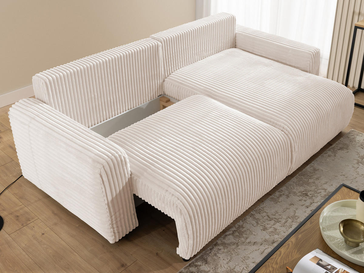 ECKSOFA Calma mit Schlaffunktion und Bettkasten im Bumpy-Design aus weichem Beige Plüschcord - Ottomane rechts - Beige/Schwarz, Holz/Kunststoff (140/239cm) - S-Style