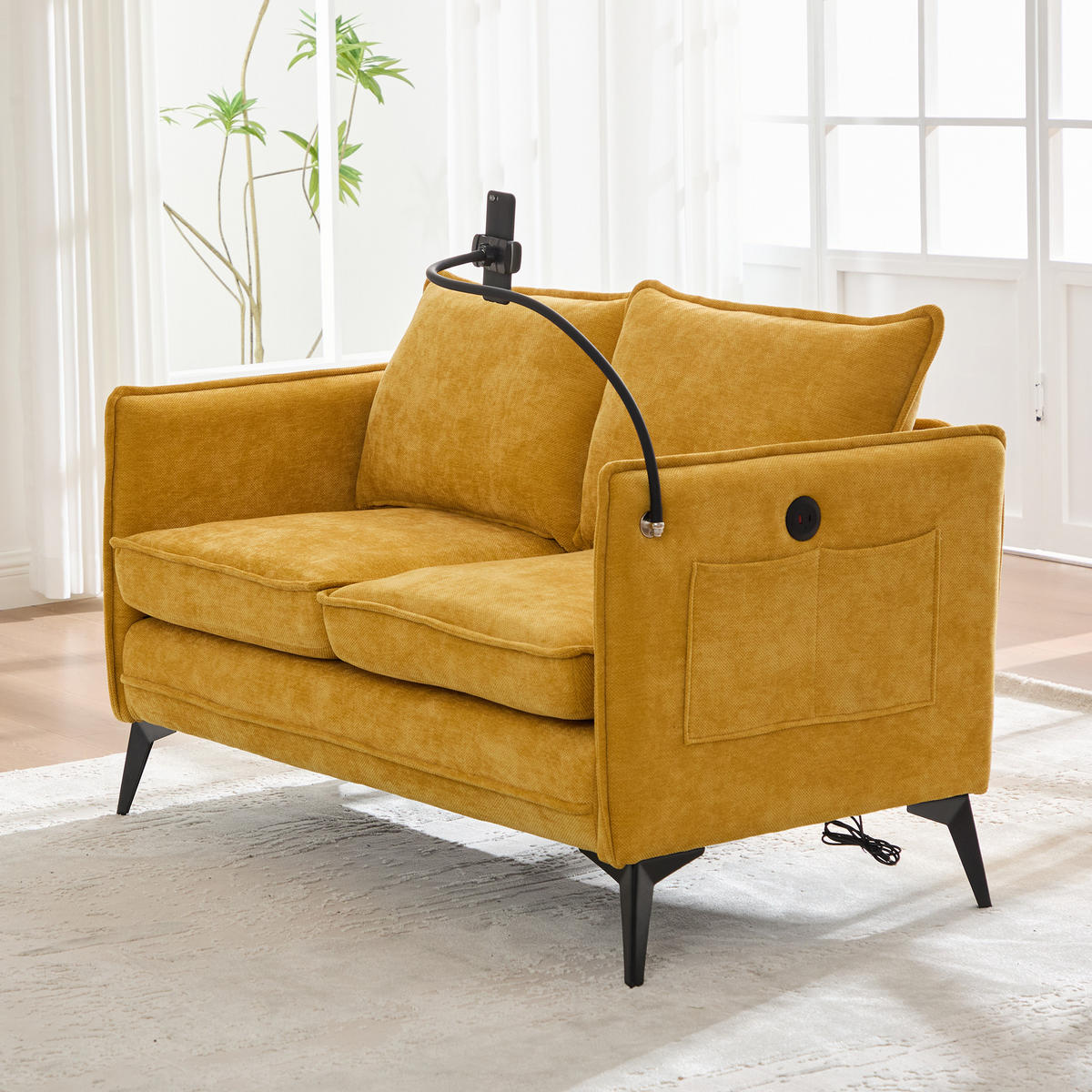 2-SITZER Sofa Chenille mit Handyhalterung und Ablagefächern 127/69/66 cm Gelb - Gelb, Textil (66/127/69cm) - Redom