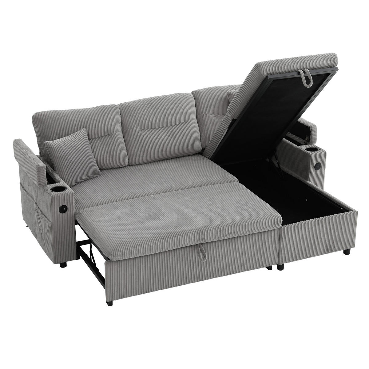 ECKSOFA DE-33730 mit Chaiselongue und Schubladenbett Hellgrau - Hellgrau, Metall (212.5/136cm) - ComfortXL