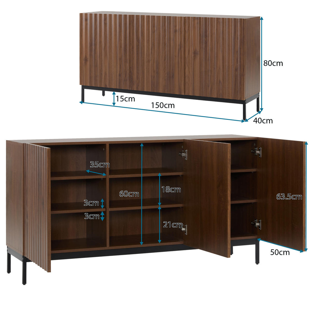 SIDEBOARD mit wellenförmigem 3D-Design, MDF/PB, 150/40/80 cm, Dunkelbraun - Dunkelbraun, Holzwerkstoff (150/80/40cm) - Redom