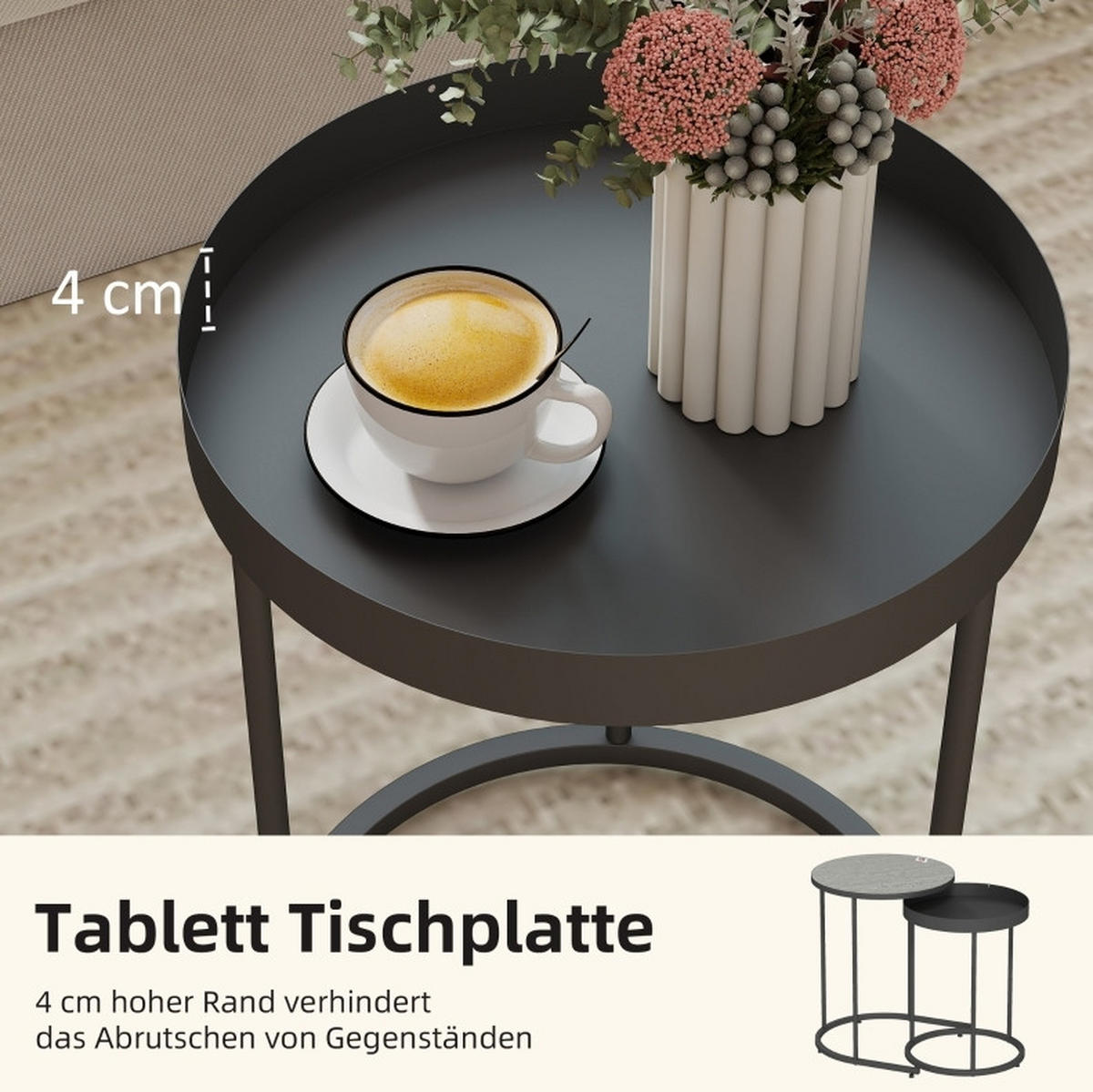 SATZTISCHE 42/42/54 und 36/36,5/48,5 cm im 2er-Set, stapelbar mit Tablettdesign und Metallgestell, Grau - Grau, Metall (42/42/54cm) - Redom