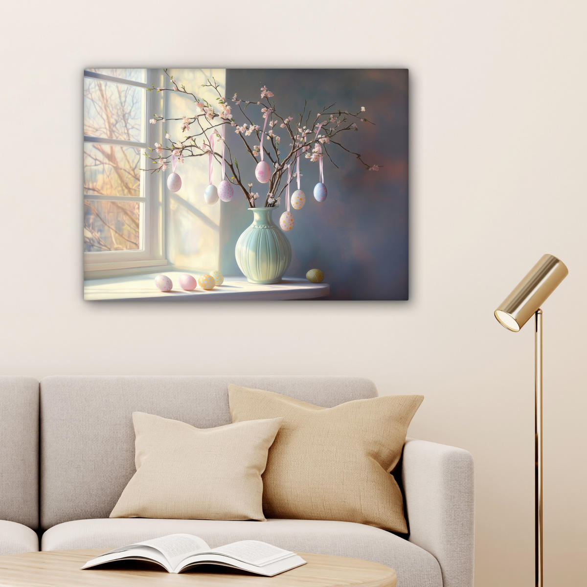 LEINWANDBILD Stillleben - Vase - Osterzweig Wandbilder 80x60 cm - Hellblau, Textil (80/60cm) - MuchoWow